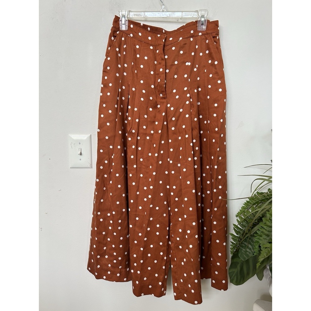 Anthropologie Maeve Pleated Wide Leg Pants Isobel Orange Polka Dot Size M - Picture 2 of 7